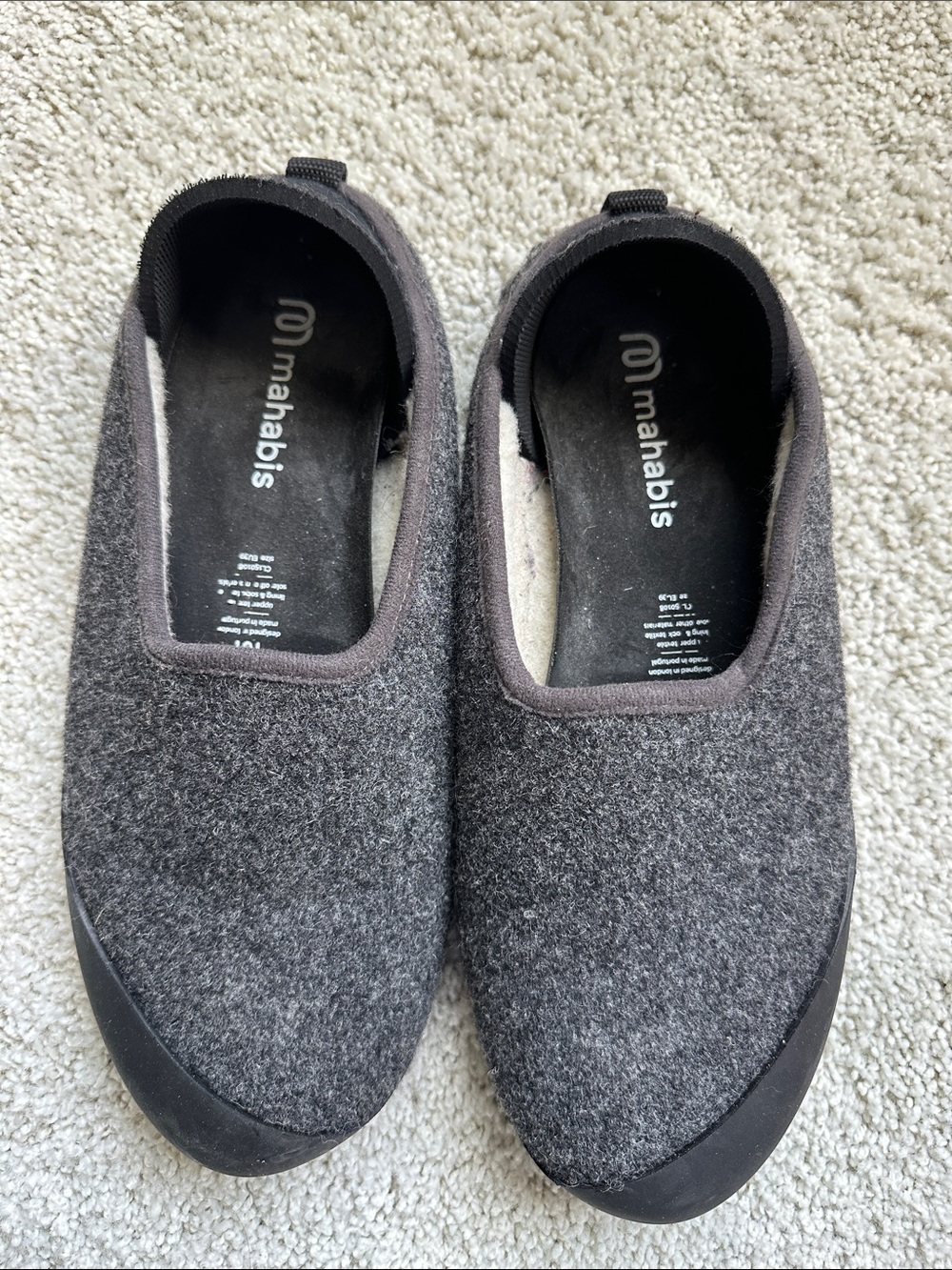 mahabis Charcoal Gray Wool Slip-On Loafers Removable Rubber Outsole 8.5-9